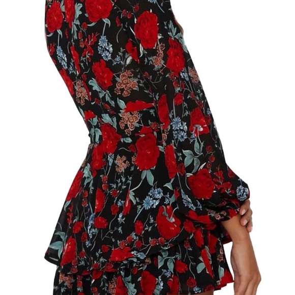 Women's Romper Floral Print V Neck Baggy Sleeve Waist Tie Layered Ruffle Hem - Picture 4 of 6